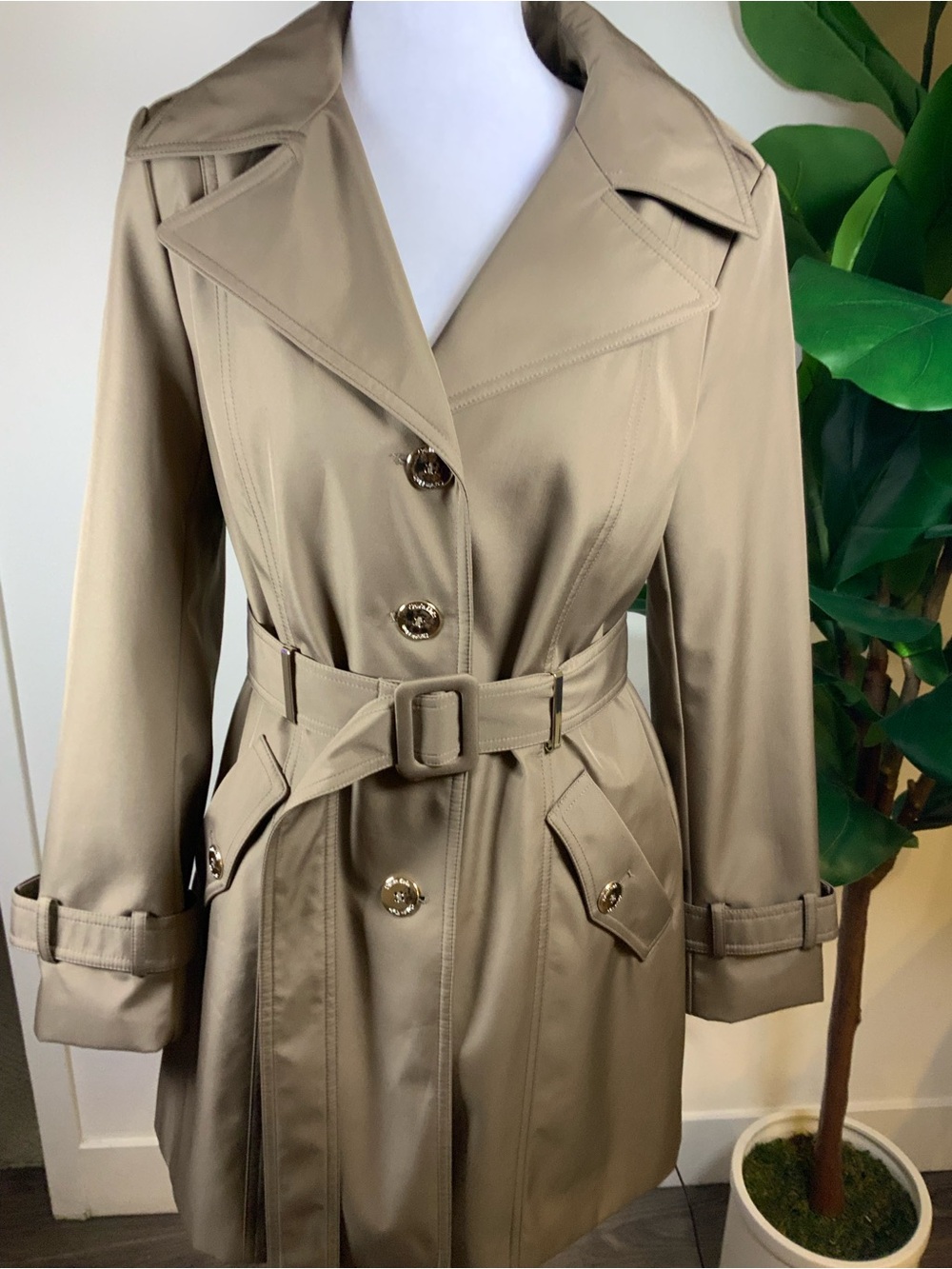 Calvin Klein Tan Trench Coat with Belt - Picture 2 of 16